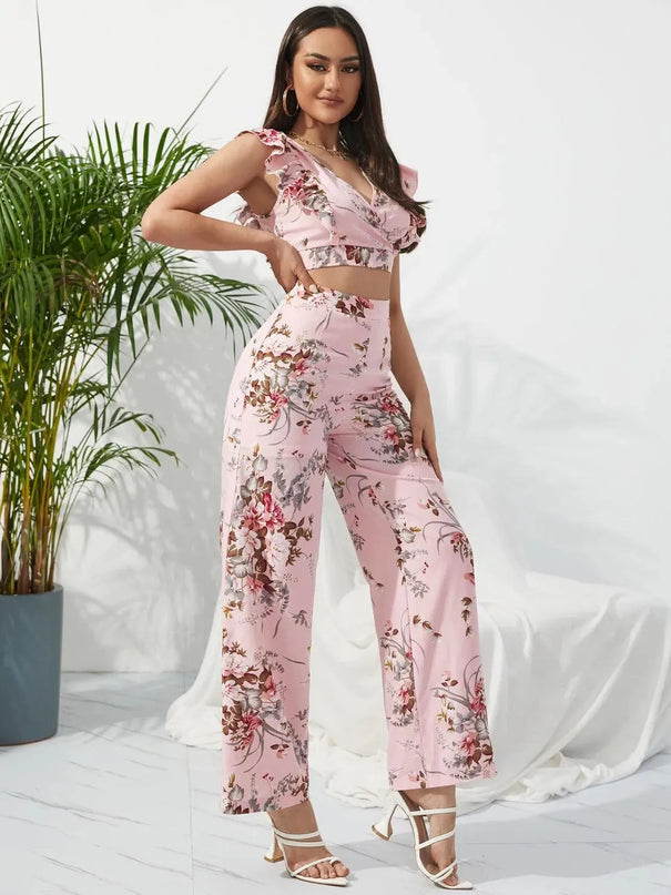 Honey Printed Surplice Cap Sleeve Top and Pants Set - ShopEasier