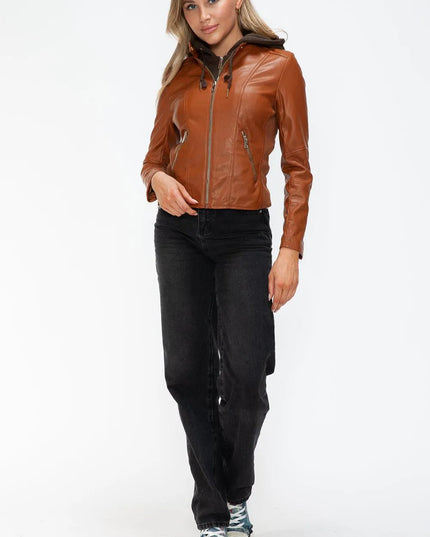 Snobbish Faux Leather Zip Up Drawstring Hooded Jacket - ShopEasier