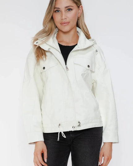 How Dare U Drawstring Hem PU Leather Zip Up Jacket - ShopEasier