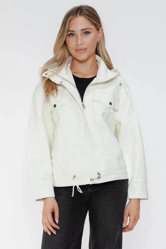 How Dare U Drawstring Hem PU Leather Zip Up Jacket - ShopEasier