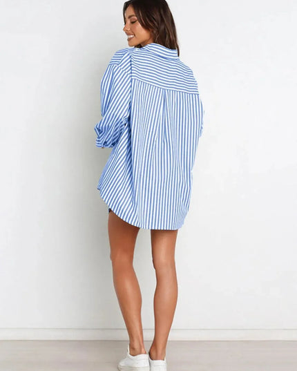 Striped Short Sleeve Button-Up Shirt and Shorts Combo Set