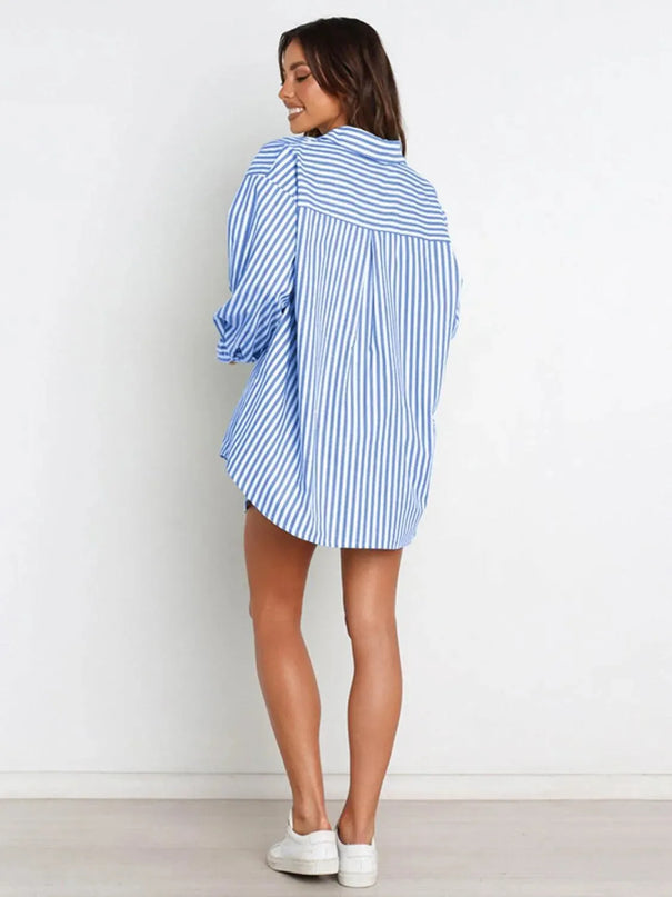 Striped Short Sleeve Button-Up Shirt and Shorts Combo Set