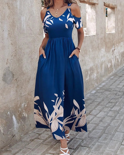 Printed Cold Shoulder Short Sleeve Maxi Dress