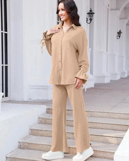 Flouncy Sleeve Drawstring Top and Pant Duo Set