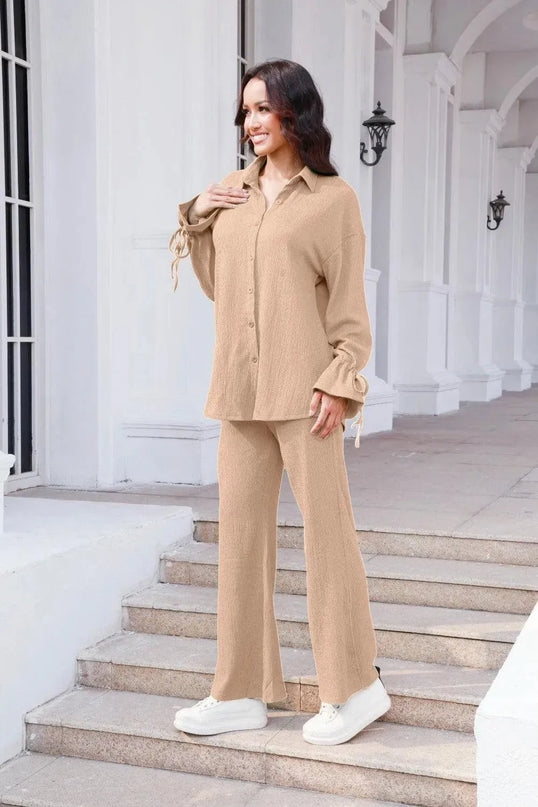 Flouncy Sleeve Drawstring Top and Pant Duo Set