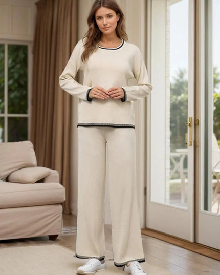 Two-Piece Round Neck Sweater Set with Contrast Trim