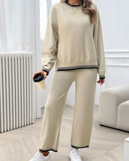 Chic Dropped Shoulder Sweater Set with Round Neck Top and Pants