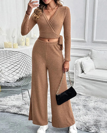 Chic Tied Long Sleeve Top and Pants Ensemble