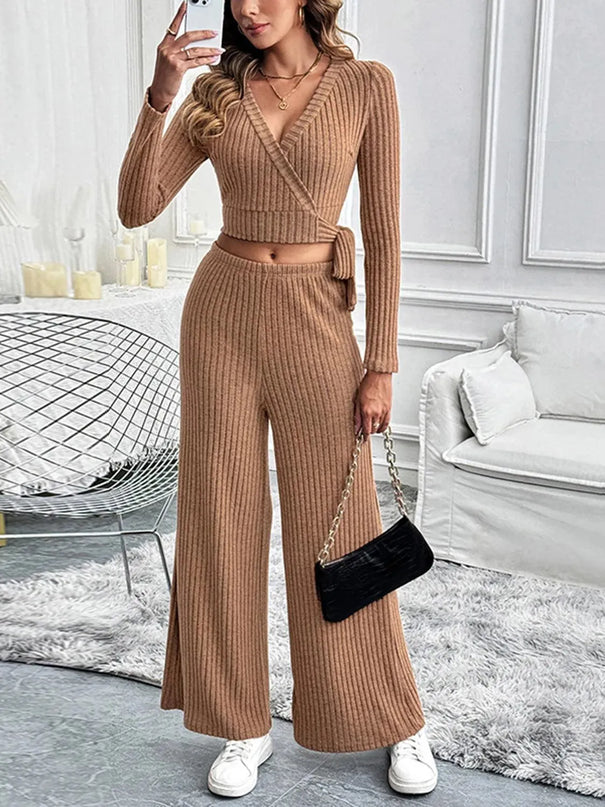 Chic Tied Long Sleeve Top and Pants Ensemble