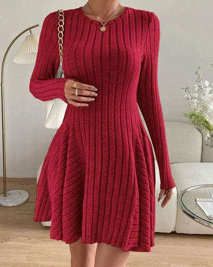 Ribbed Round Neck Long Sleeve Dress - ShopEasier