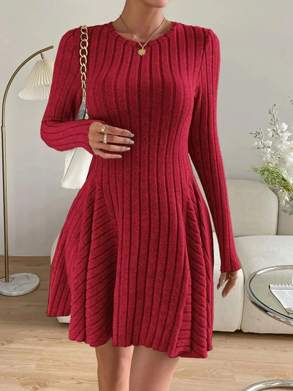 Ribbed Round Neck Long Sleeve Dress - ShopEasier