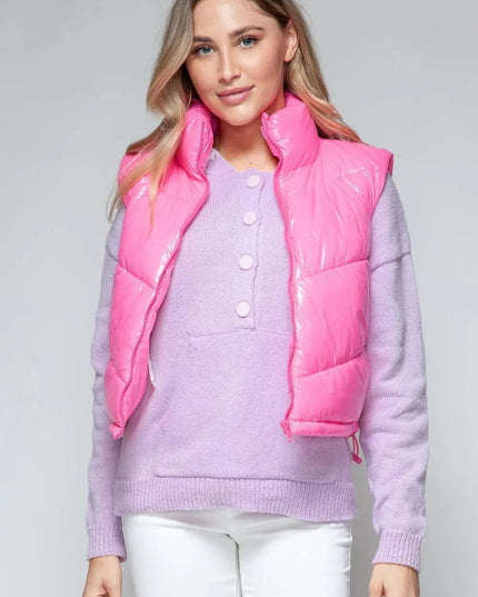 Chic Shiny Quilted Turtleneck Vest with Zip Closure