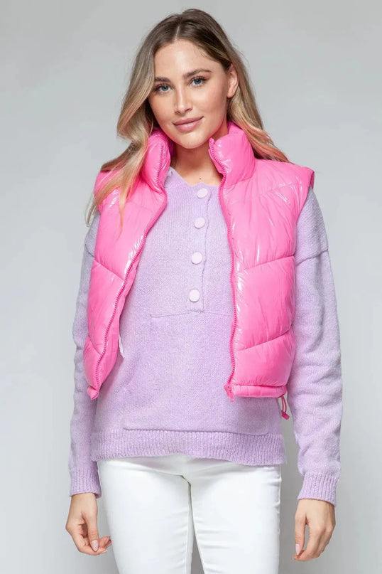 Chic Shiny Quilted Turtleneck Vest with Zip Closure