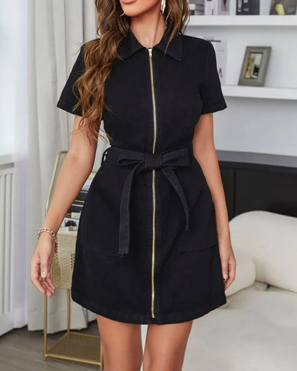 Pocketed Collared Neck Zip Up Short Sleeve Denim Dress