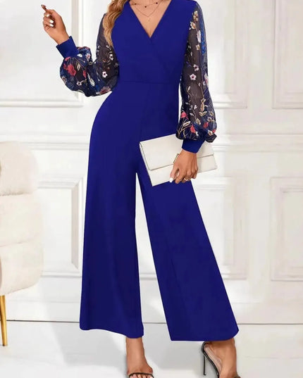 Surplice Embroidered Long Sleeve Wide Leg Jumpsuit - ShopEasier