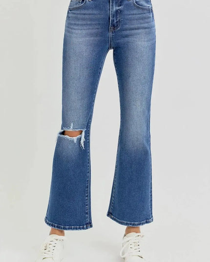 RISEN Full Size Distressed High Rise Crop Flare Jeans - ShopEasier