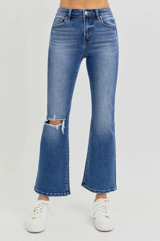 RISEN Full Size Distressed High Rise Crop Flare Jeans - ShopEasier