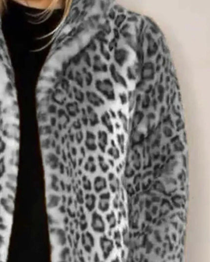 Full Size Leopard Furry Collared Neck Long Sleeve Coat - ShopEasier