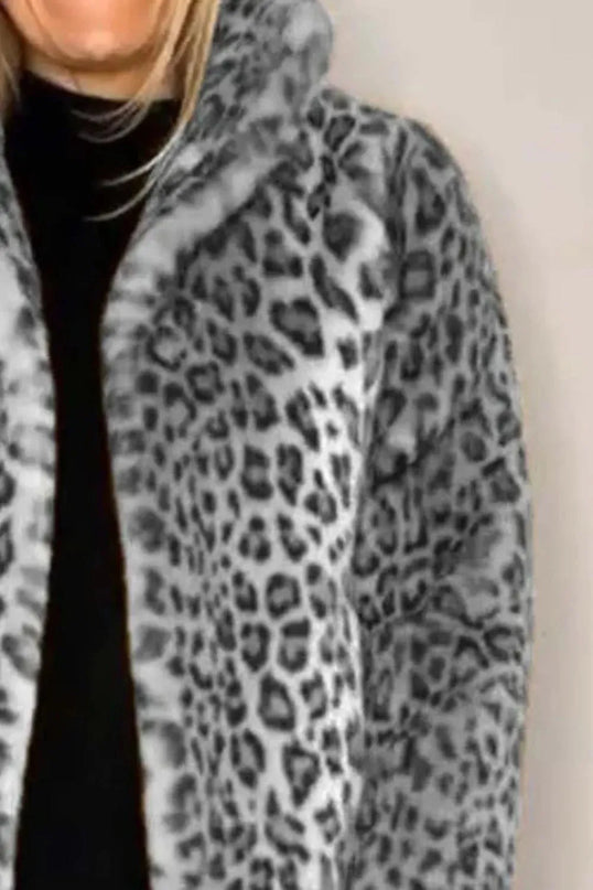 Full Size Leopard Furry Collared Neck Long Sleeve Coat - ShopEasier