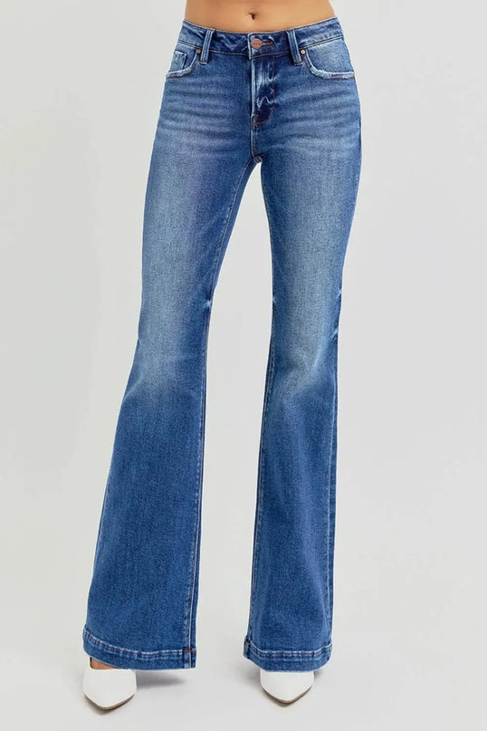 RISEN Full Size Low Rise Flare Jeans with Pockets - ShopEasier