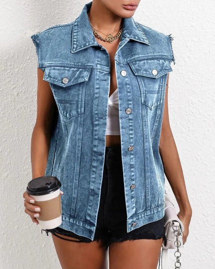 Pocketed Collared Neck Sleeveless Denim Top - ShopEasier