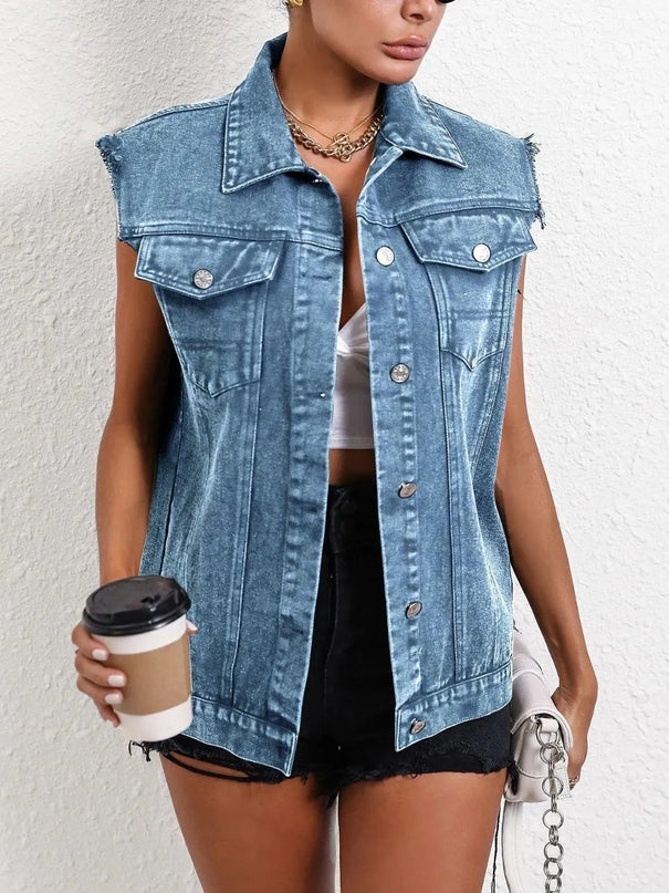 Pocketed Collared Neck Sleeveless Denim Top - ShopEasier