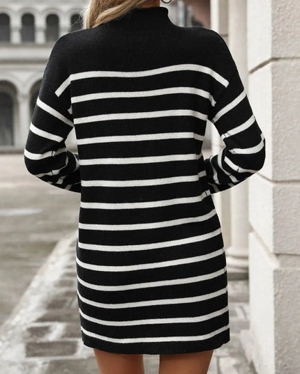 Striped Mock Neck Long Sleeve Mini Dress - ShopEasier