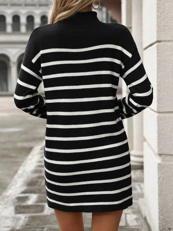 Striped Mock Neck Long Sleeve Mini Dress - ShopEasier