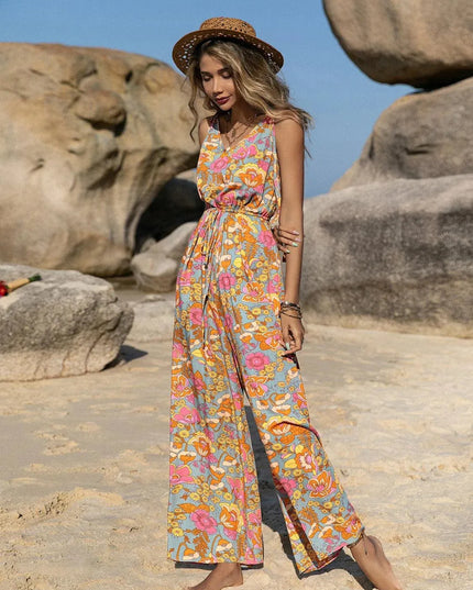 V-Neck Wide Leg Jumpsuit - ShopEasier