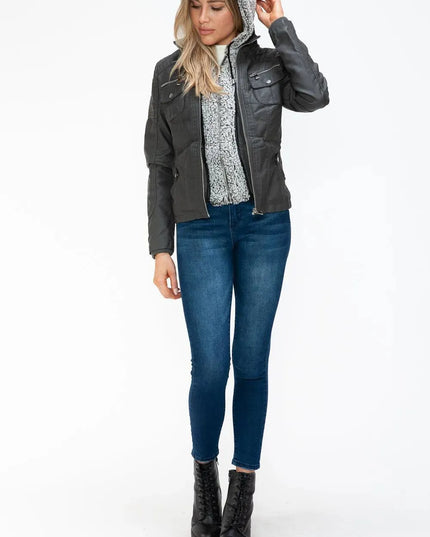 YMI Removable Faux Layered Multi-Pocket Jacket with Fuzzy Hood - ShopEasier