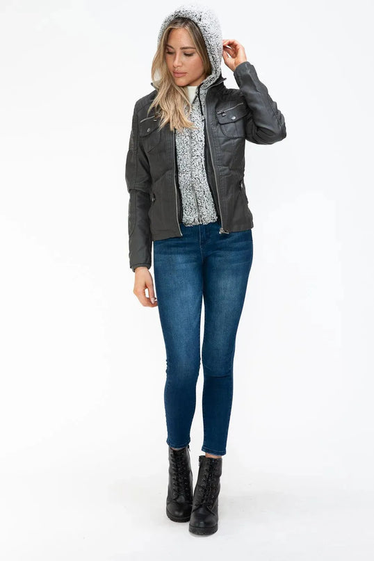 YMI Removable Faux Layered Multi-Pocket Jacket with Fuzzy Hood - ShopEasier