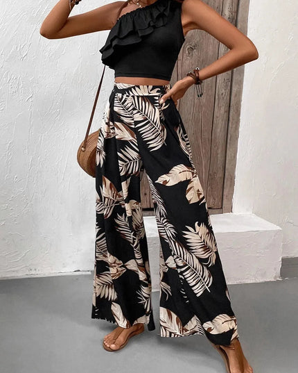 Honey Ruffled Sleeveless Blouse and Patterned Trousers Set