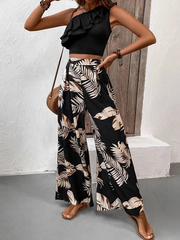 Honey Ruffled Sleeveless Blouse and Patterned Trousers Set