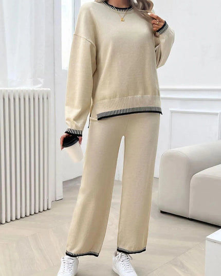 Chic Dropped Shoulder Sweater Set with Round Neck Top and Pants