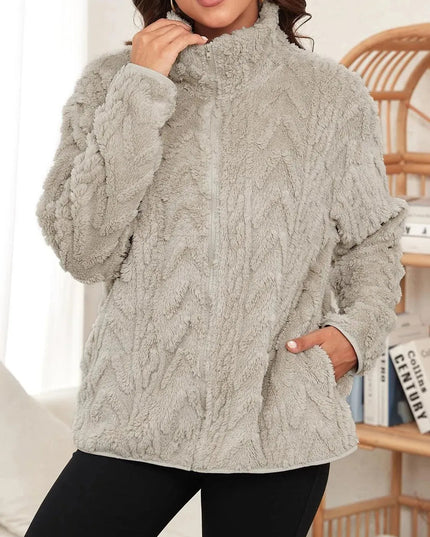 Fuzzy Zip Up Long Sleeve Jacket - ShopEasier