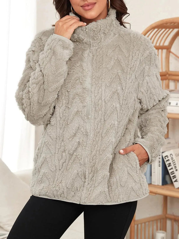 Fuzzy Zip Up Long Sleeve Jacket - ShopEasier