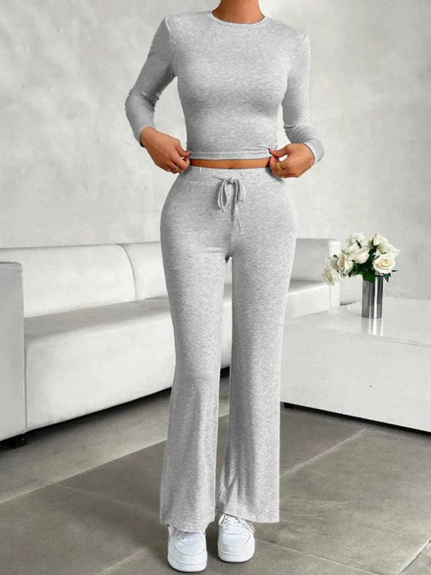 Casual Two-Piece Long Sleeve Top and Drawstring Pant Set