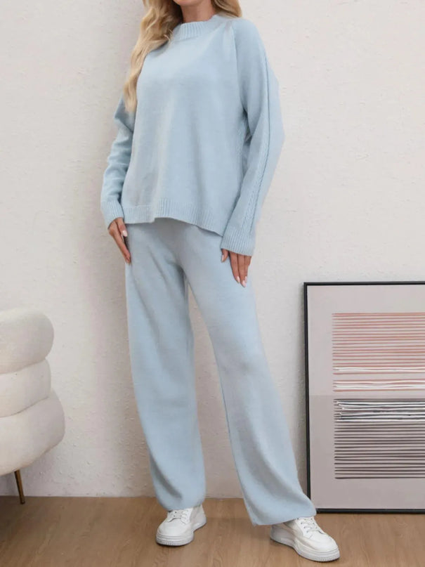 Mock Neck Long Sleeve Top and Pants Sweater Set - ShopEasier