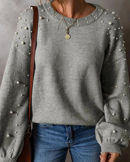 Elegant Pearl-Embellished Long Sleeve Knit Sweater