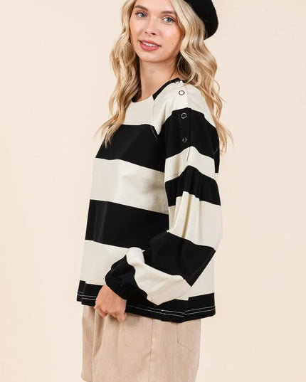 Chic Striped Long Sleeve T-Shirt with Snap Shoulder Detail