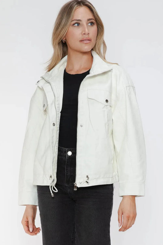 How Dare U Drawstring Hem PU Leather Zip Up Jacket - ShopEasier