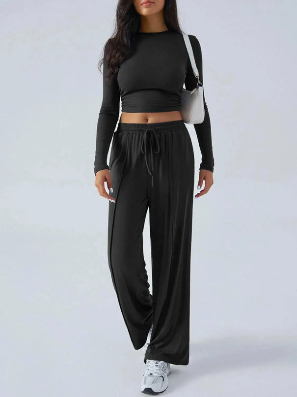 Chic Tied Long Sleeve Top and Pants Set with Pockets