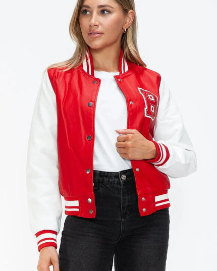 Love Me Now PU Leather Contrast Snap Down Bomber Jacket - ShopEasier