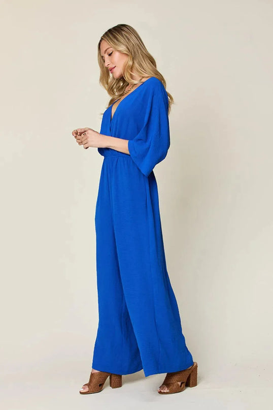 Double Take Full Size Surplice Wide Leg Jumpsuit with Pockets - ShopEasier