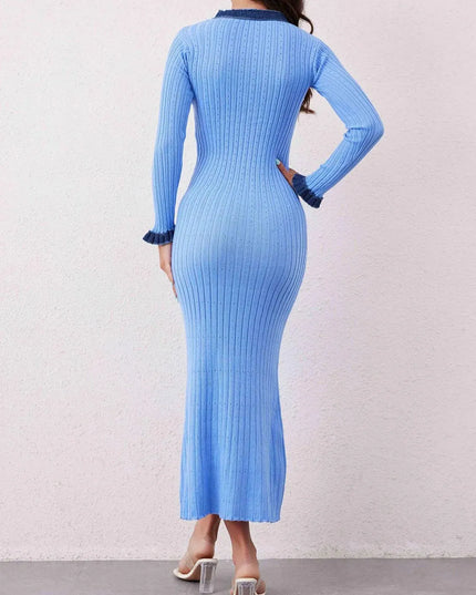 Contrast Trim Round Neck Long Sleeve Sweater Dress