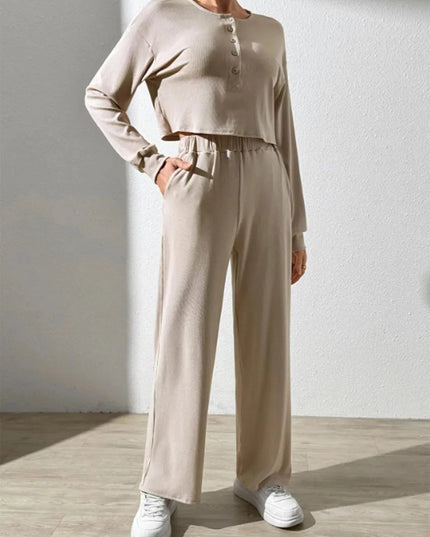 Chic Button-Up Long Sleeve Top and Pants Ensemble