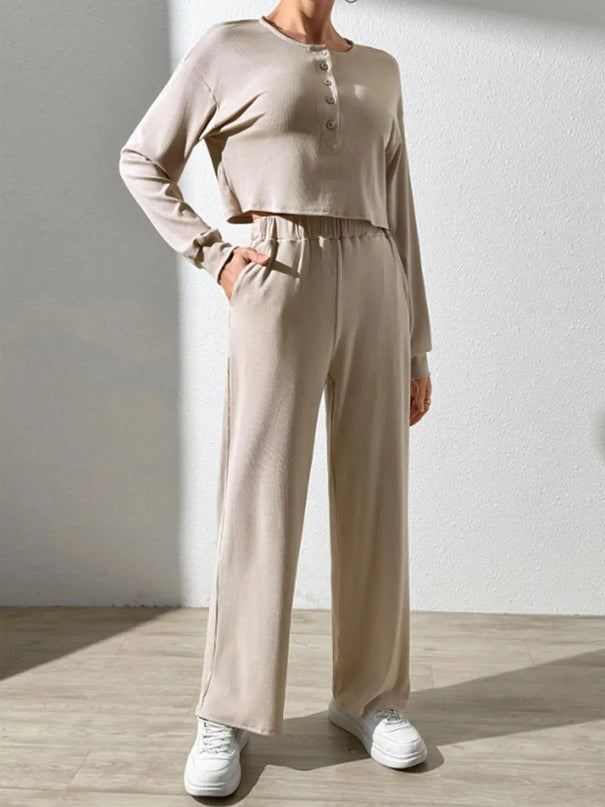 Chic Button-Up Long Sleeve Top and Pants Ensemble