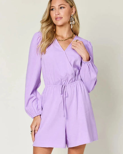 Double Take Full Size Drawstring Long Sleeve Romper - ShopEasier