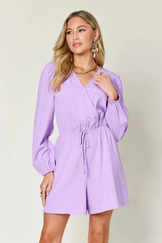 Double Take Full Size Drawstring Long Sleeve Romper - ShopEasier