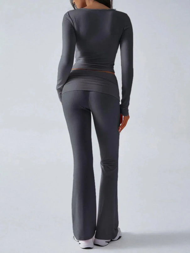 Chic Ruched Long Sleeve Top and Pants Ensemble